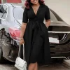 Wome Long Black Skirts With Belt Luxury Summer New Fashion Europe And America Short Sleeve Tongle Office Vestidos De Festa 2024